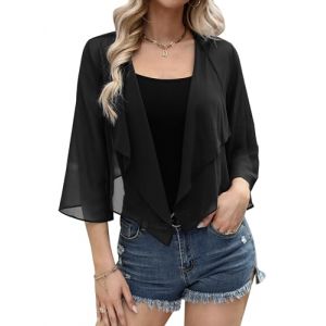 Aottori Cardigan Boléro Court Femme en Mousseline de Soie Gilet à Manches Évasées 3/4 Boléro Veste Elégant Chic pour Robe Bretelle Mariage Noir S (yyh-eu, neuf)