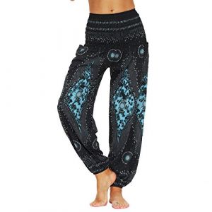 Nuofengkudu Femme Harem Pantalon Sarouel Thaïlandais Hippie Baggy Léger Boho Ethnique Smockée Taille Haute avec Poches Yoga Pants Été Plage(Y-Modèle G,Taille Unique) (better Life, neuf)