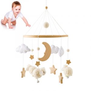 Mobile Lit Bébé, Mouton Cloche de Lit Bébé Mobile Avec Etoiles Lune Nuages, Berceau Bébé Jouet, Boules de Feutre Bébé Lit Pendentif à Suspendre Chambre de Bébé Cloche de Lit pour Fille Garçon (iShang Direct, neuf)