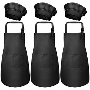Catime 3 Set Tablier Enfant et Chapeau de Chef, Ajustable Bambin Tabliers de Cuisine avec Poches pour Filles Gar&ccedil;ons, Tablier de Chef Jardin pour Cuisson Peinture L'artisanat (M pour 3-6 Ans) (Noir) (Aminjun, neuf)