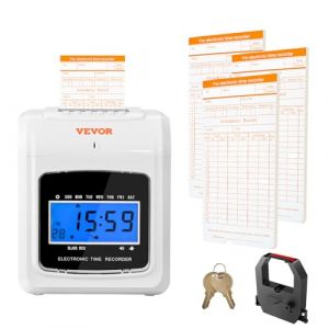 VEVOR Pointeuse à Carte de Pointage Enregistreur de Présence avec 102 Fiches Cartonnées 1 Ruban Badgeuse Horaire Arrivée Départ 3 Équipes 6 Poinçons/Jour Alignement Auto pour Pointer Salariées Bureau (Giaticia, neuf)
