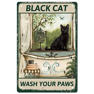 CREATCABIN Black Cat Metal Tin Sign Bathroom Metal Poster Vintage Retro Art Wall Decor Mural Hanging Iron Painting Plaque Funny for Home Kitchen Bathroom Wall Art Decor 30x20cm-Wash Your Paws (CREATCABIN FR, neuf)