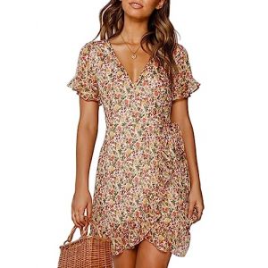 TOPLAZA Robe de Plage Femme Ete Fleurie Portefeuille Col en V Manches Courtes, Multicolore, XXL (TOPLAZA, neuf)