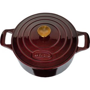 La Cuisine Cocotte en fonte émaillée de 5L - Diamètre 26 cm, Revêtement Intérieur Émaillé Noir Mat, Canneberge, Poignée du Couvercle en Acier Inoxydable Plaqué Or (La Cuisine for life, neuf)