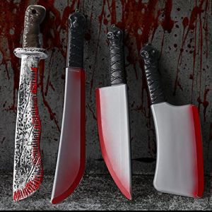 VIPNAJI 4 pièces Sanglant Faux Couteau 43cm Accessoire de Déguisement Slasher Machette avec des Taches de Sang pour Halloween Maison hantée (MINALTO TRADE S.R.L., neuf)