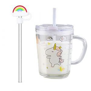 Banzimiao Tasse à lait Enfant avec Paille, Verre Transparent avec Paille 350ML Tasse de Lait pour les enfants, gobelet avec paille pour les tout-petits, licorne, 350ML (wancaidianzishangwu, neuf)