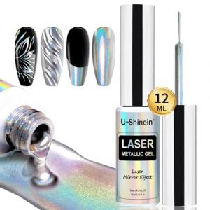 U-Shinein Gel de peinture en m&eacute;tal, manucure 3D effet miroir gel vernis &agrave; ongles, gel de peinture, built - in pinceau mince tremp&eacute; gel d'argent pour salon Home bricolage manucure, argent laser (U-Shinein Beauty, neuf)
