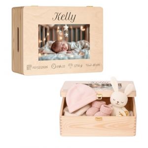 Maverton Boite Souvenir Bebe Personnalisable - Cadeau Naissance Personnalisé - L/XL Boite de Rangement avec Couvercle en Bois de Pin Naturel - Cadeau Anniversaire Enfant Personnalisé (MAVERTON, neuf)