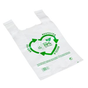 Sac plastique. Sacs à anse en plastique 60x70cm. Sacs T-shirt 50 microns 70% recyclés 60x70 BLANC. Sacs en plastique avec poignées 60x70cm. PACK 25 unités de sacs. Haute résistance. Sac biodegradable (NOBERPLAST, neuf)