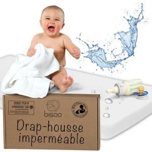 Bisoo 70x130 CM pour Lit & Berceau - 1 Drap Housse Imperméable 2en1 - Drap Housse Ajustable + Alèse Protège Matelas Bébé - Souple et Silencieux - 100% Jersey Coton Oeko-Tex (70x130 Blanc) (Bisoo LLC, neuf)
