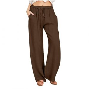Pantalon Fluide Femme Été Fluide Coton Lin Taille Haute Elastique Décontractés Pantalons Mode Chanvre Confortable Jogging Plage Rétro Pants Léger Respirant Pantalon avec Poches (⭐⭐⭐⭐⭐Susenstone, neuf)