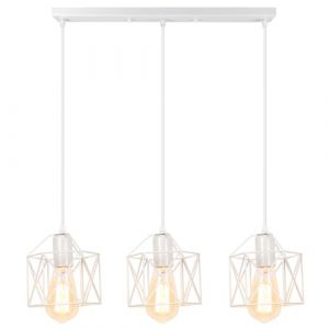 iDEGU 3 Lampes Suspension Luminaire Industriel Vintage en M&eacute;tal Cage Lustre Plafonnier Abat-Jour G&eacute;om&eacute;trique Design Luminaire E27 Lampe de Plafond avec Barre pour Chambre salle &agrave; manger Salon (Blanc) (IDEGU, neuf)