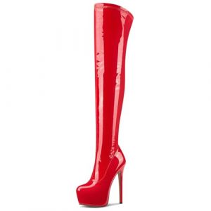 NobleOnly Femmes Haut High Aiguille Talon Heel Rond Bout Plate-forme au-dessus du Genou Bottes Fermeture à Glissière Danse Party Bottes 15 CM Heels Rouge 40 EU (MARCTEL-EU, neuf)