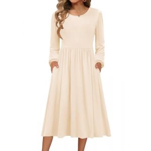 Zeagoo Robe femme, &agrave; manches longues, tricot&eacute;e, col rond, robe d'automne, coupe trap&egrave;ze, mi-longue, tunique, d&eacute;contract&eacute;e, avec poches, beige, L (Zeagoo direct, neuf)