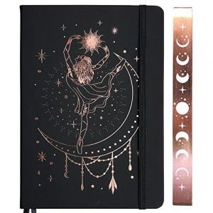 BUKE Journal à pois - Format moyen A5 - Papier bambou épais 180 g - 160 pages à pois 5 x 5 mm - Couverture rigide en cuir synthétique noir - Bord or rose et lunes (A5, noir) (BUKE NOTEBOOK, neuf)