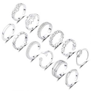 RLMOON 12 Pièces Bague Orteil Argent 925 Femmes Ring Reglable Ouverte Bague de pied Aesthetic Simple Bagues d'orteil Fleur Coeur Zircon Dauphin Bague Ete Plage Pied Bijoux pour Fille (RLMOON-EU, neuf)
