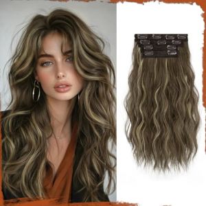 Sofeiyan Clip in Extensions, 4PCS 40 cm Haarverlängerung für Damen, Lockige Dicke Synthetische Haarextensions zum Einklippen Natürliches Weiches Clip in Haarteil,Brune au blond cendré (SofeiyanEU, neuf)