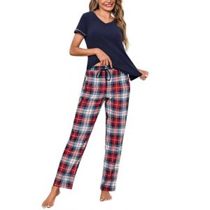 Litherday Ensemble de Pyjama Femme Coton V&ecirc;tements de Nuit &agrave; Manches Courtes + Bas de Pyjama &agrave; Carreaux V&ecirc;tement d'Int&eacute;rieur Bleu Marine + Carreaux XL (GXZ-EU, neuf)