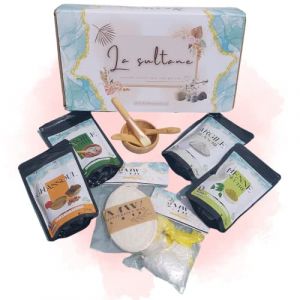 Coffret Soins masque Corps Cheveux coffret hammam | Henné neutre Ghassoul Argile Blanche Verte | Bol et cuillere en bambou | Gant exfoliant loofah Naturel | super cadeau soin (Mysterious Way, neuf)