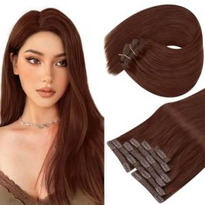 Extensions de cheveux à clipser 12-24 pouces Extensions de cheveux humains à clipser 7 pièces Extensions de cheveux à clipser Vrais cheveux humains Auburn foncé Extensions de cheveux humains à clipser (furuiouzhouya, neuf)