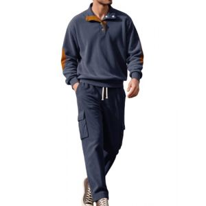 PADOLA Surv&ecirc;tement Homme 2 Pi&egrave;ces Velours C&ocirc;tel&eacute; Ensemble Jogging Sport Surv&ecirc;tements 1/4 Boutons Sweatshirt avec Patch&eacute;s Pantalon Velours de Jogging Taille Elastique Tracksuit (Bleu, L) (Chaos World Apparel, neuf)