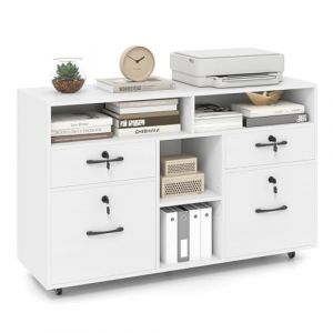 COSTWAY Caisson Bureau, Meuble Tiroir Bureau à Roulette, 4 Tiroirs Verrouillables avec 8 Clés, Barre de Suspension Réglables pour Dossiers Suspendus au A4 Lettre, pour Imprimante, Document (Blanc) (FDS GmbH, neuf)