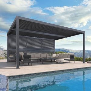 PURPLE LEAF Pergola Bioclimatique 4,8 x 3,68 m Pergola Aluminium avec Persienne Fixes sur Un Côté, Tonnelle de Jardin Exterieur Lames Orientables pour Patio Terrasse Exterieur, 1 Côté Long, Gris (PURPLE LEAF, neuf)