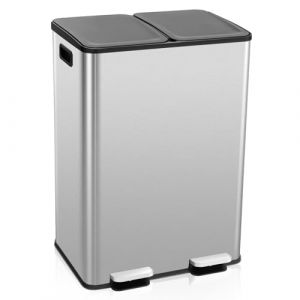 COSTWAY Poubelle Double Compartiments 2 x 30L, Poubelle Tri Selectif en Acier Inox, Anti-Empreinte, 2 Seaux Intérieurs en Plastique, Fermeture en Douceur, Casier pour Désodorisant (FDS GmbH, neuf)