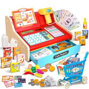 HILKKET Bois Caisse Enregistreuse Enfants avec Scanner, Son, Vraie Calculatrice, Caisse Enregistreuse Jouet Set avec Caddie Enfant, Accessoires pour Boutique, Jeu de R&ocirc;le Marchande Enfants de 3+ Ans (Textile knot OU, neuf)