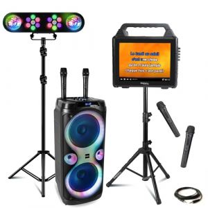 Ibiza - Pack Karaok&eacute; Ibiza Enceinte Ecran Bluetooth KARAVISION sur Pied - Enceinte 1000W Columba-Karaoke - 4 Micros VHF - Portique Lumi&egrave;re (Starmix, neuf)