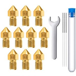 MMOBIEL 10 pièces MK8 en Laiton de 0,2 mm pour imprimante 3D, extrudeuse Compatible avec Les séries Creality Ender 3, Ender 5, CR-10/10S, Makerbot, Anet A8, incluant 3 Aiguilles de Nettoyage et Clé (Menko Telekom, neuf)