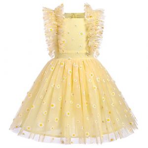 FYMNSI Robe de princesse pour fille - Robe de fête de mariage - Robe d'été - Robe de fille - Robe en tulle à volants - Robe d'anniversaire, jaune, 9-10 ans (FYMNSI store, neuf)