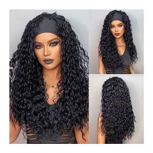 Perruque Naturel Bandeau bouclé perruques synthétiques naturel noir longue femme bandeau perruque vague d'eau profonde bohème cheveux for les femmes noires faux cheveux Perruque Coupe (zengfanjunuk, neuf)