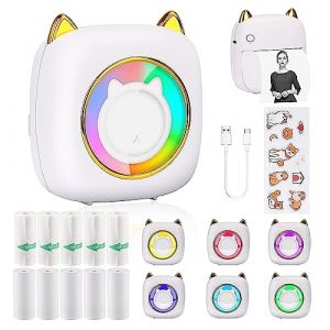 HuiJuKeJi Mini Imprimante de Poche Mini Imprimante Photo pour Smartphone Autocollant Imprimante Thermique pour Journal Voyage Logo Notes Liste M&eacute;mo (LED White) (HuiJuKeJi EU, neuf)