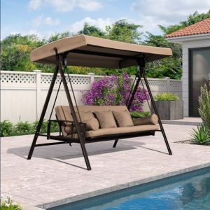 PURPLE LEAF Balancelle de Jardin 3 Places Toit Réglable, Convertible en Balancelle Lit, XL Balancelle Jardin Exterieur avec 5 Coussins, Poids Max 350kg, Kaki (PURPLE LEAF, neuf)