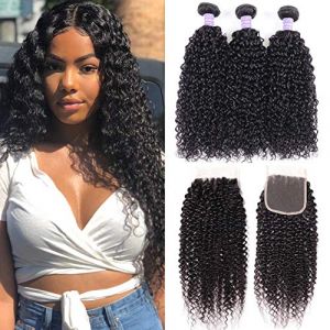 TOOCCI 3 Tissage Meche Bresilienne Bouclée Bresilien en lot Bresilien Kinky Curly Cheveux Mèches Perruque Tissage Bresilien en lot avec Closure (12"12"12"+12" closure) (Toocci, neuf)