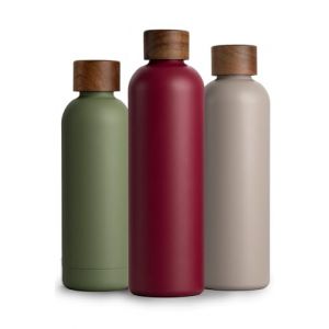 T&N Bouteille Isotherme d&rsquo;eau 1l en acier inoxydable avec bouchon en bois d'acacia, Gourde Inox 1 Litre, conserve le froid &agrave; 29h, la chaleur 14h, &eacute;tanche pour boissons gazeuses (TRENDY AND NEW, neuf)