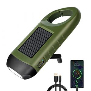 prunus Lampe de poche Solaire, Lampe Torche à Led USB Rechargeable, Petite Lampe de Poche avec Boucle de Randonnée, Lampe Torch à Dynamo avec Manivelle et Panneau Solaire pour l'Extérieur/le Camping (PRUNUS, neuf)