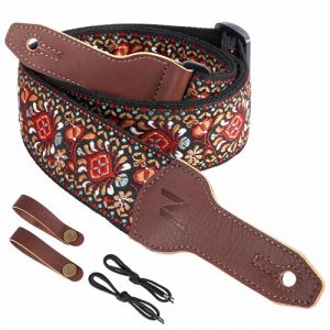 Nefelibata Sangle de guitare pour banjo, 5,1 cm de large, en cuir de vachette pleine fleur, réglable, sangle de guitare multi-motifs avec corde et bandeau en cuir (broderie fleur rouge) (QianYu EU, neuf)