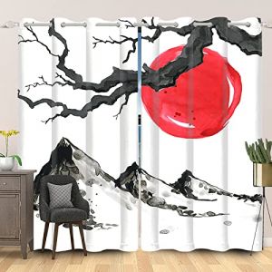 SDOTPMT 66x160cm Asiatique Peinture à l'encre Rideau de fenêtre Rouge Soleil Montagne Arbre Branches Japonais Traditionnel Rideaux Opaques pour Salon Chambre Rideaux occultants, 2 Panneaux (SDOTPMT, neuf)