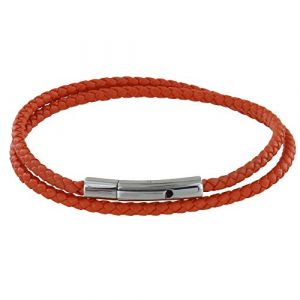 LES POULETTES BIJOUX - Bracelet Homme Double Tour Cuir Tr&eacute;ss&eacute; Rond pour Poignet 19cm - Orange (Les Poulettes Bijoux, neuf)