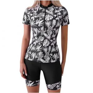 Maillots de Bain 2 Pièces Femme Rashguard Set Manches Longues Tankini Imprimé Floral Anti-UV T-Shirt Top de Sport pour Vacances Surf Plage Natation Maillot de Bain Shorty Séchage Rapide (⭐⭐⭐⭐⭐KQIVAM, neuf)