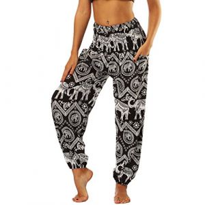 Nuofengkudu Femme Harem Pantalon Sarouel Thaïlandais Hippie Baggy Léger Boho Ethnique Smockée Taille Haute avec Poches Yoga Pants Été Plage ,Noir Éléphant,Taille unique (better Life, neuf)