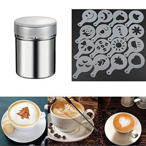 Anicy Saupoudreur de cacao pour cappuccino - 1 saupoudreur en acier inoxydable avec 16 pochoirs &agrave; caf&eacute; - Moules d'impression pour d&eacute;coration de pain au chocolat chaud (RENQUAN 2022, neuf)
