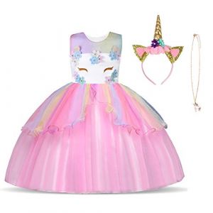 URAQT Robe Licorne Enfant de Princesse, Robes Licorne Fille avec Volants, pour Cosplay et Le Mariage et Les Parties et Halloween, Rose #1, Taille 6-7 ans (140 cm) (Petit Wudong, neuf)