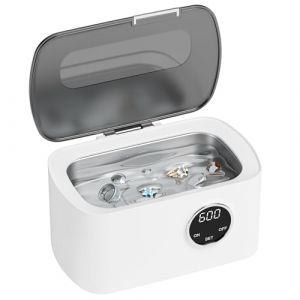 Nettoyeur Ultrasons 600ML, Nettoyeur Ultrason Lunettes 43kHz, Nettoyant Ultrason Bijoux avec 5 Réglages de Temps, Panier et Support pour Lunettes Bijoux Montres Collier Tête de Rasoir (PETERTOS Kft., neuf)