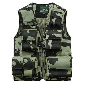KTWOLEN Homme Gilet de Pêche en Maille Multi-Poches Gilets Léger Respirant à Séchage Rapide Gilet de Photographe Camping Chasse Gilet Extérieur sans Manche avec 15 Poches, Camouflage léger, XXL (KTWOLEN, neuf)