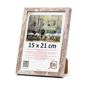 3-B Cadre photo Mega - Blanc vintage (Rustique avec grain de bois visible) - 15 x 21 cm (A5) - Cadre en bois - Cadre photo - Cadre pour documents avec verre acrylique (Waldorff GmbH, neuf)