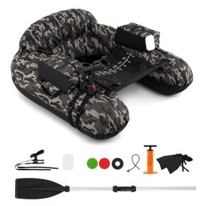 GOPLUS Float Tube Gonflable 1 Personne, Bateau de Pêche Pneumatique avec Pagaie en Alu., Charge 150KG, Palmes, Pompe Air, Porte-Canne Pêche Réglable, Poches Rangement (111 x 104 x 46 cm,Camouflage) (Augenstern24, neuf)