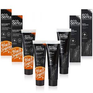 Ecodenta Dentifrice au Charbon Actif Dents Blanches Sans Fluor 4 Pack I Dentifrice au Charbon Noir Blanchiment des Dents I Dentifrice Blanchissant les Dents au Charbon Actif Noir Saveur Orange 4x100ml (Ekomarket DE, neuf)